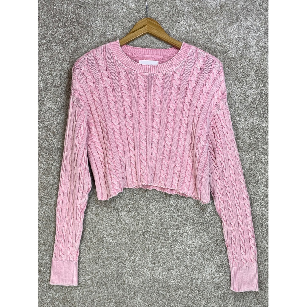 Aerie Cable Knit Cropped Sweater Womens Small Pink Long Sleeve Cotton Ribbed Y2K